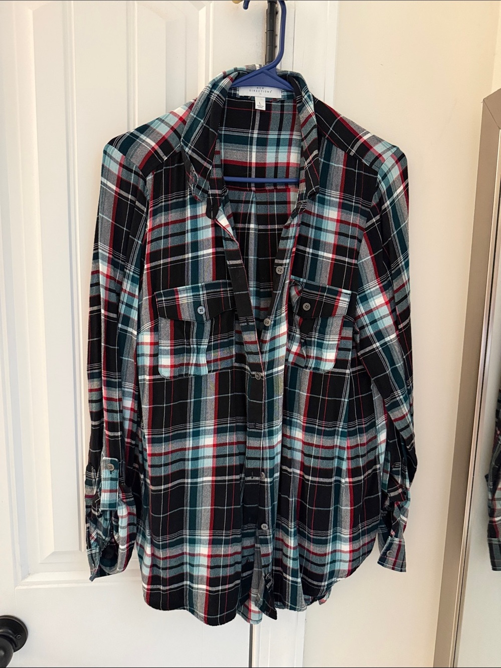 new directions Black Plaid Shirt with Teal & Red Stripes